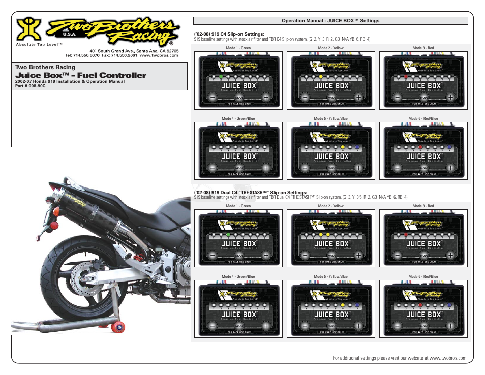 Juice box™ - fuel controller, Two brothers racing | Two Brothers Racing Honda 919 - CA Emissions Legal User Manual | Page 3 / 3