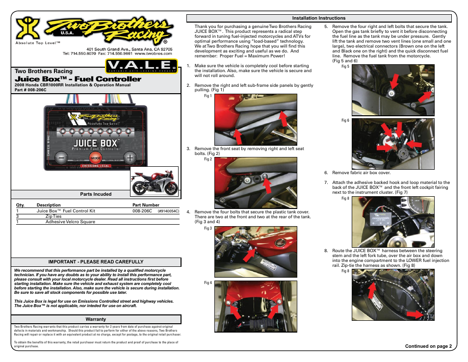 Two Brothers Racing Honda CBR1000RR (2008) - CA Emissions Legal User Manual | 3 pages