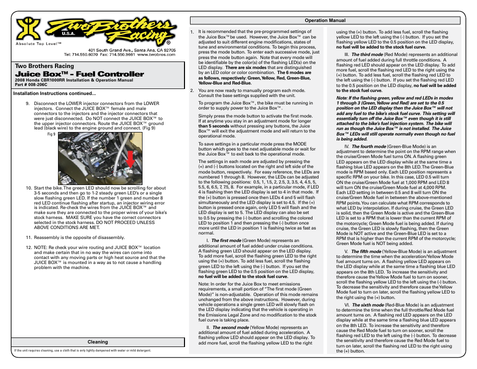 Juice box™ - fuel controller | Two Brothers Racing Honda CBR1000RR (2008) - CA Emissions Legal User Manual | Page 2 / 3