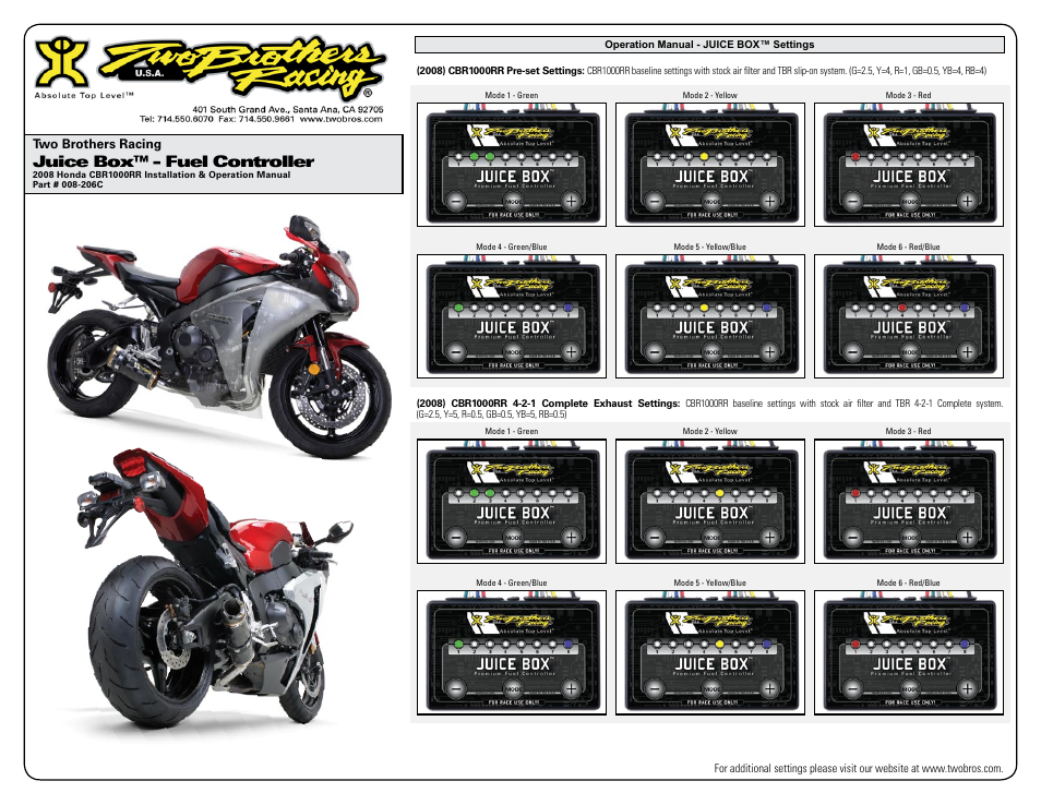 Juice box™ - fuel controller, Two brothers racing | Two Brothers Racing Honda CBR1000RR (2008) - CA Emissions Legal User Manual | Page 3 / 3