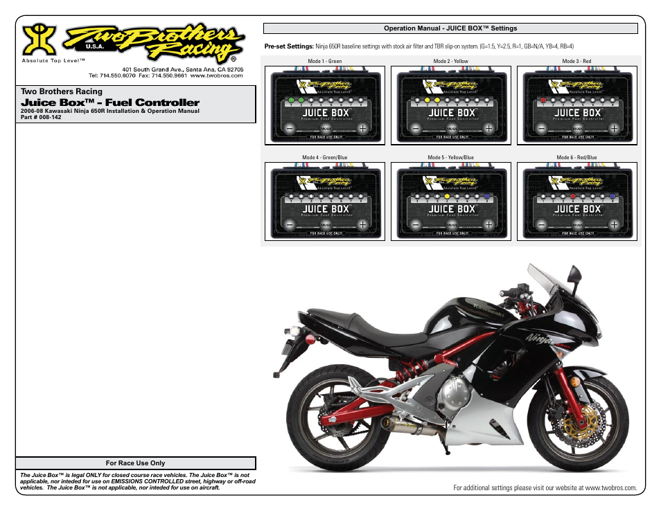 Juice box™ - fuel controller, Two brothers racing | Two Brothers Racing Kawasaki Ninja EX650R User Manual | Page 3 / 3