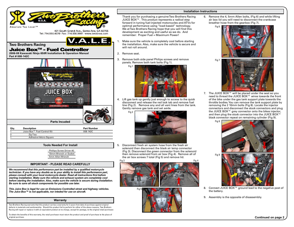 Two Brothers Racing Kawasaki Ninja EX650R - CA Emissions Legal User Manual | 3 pages