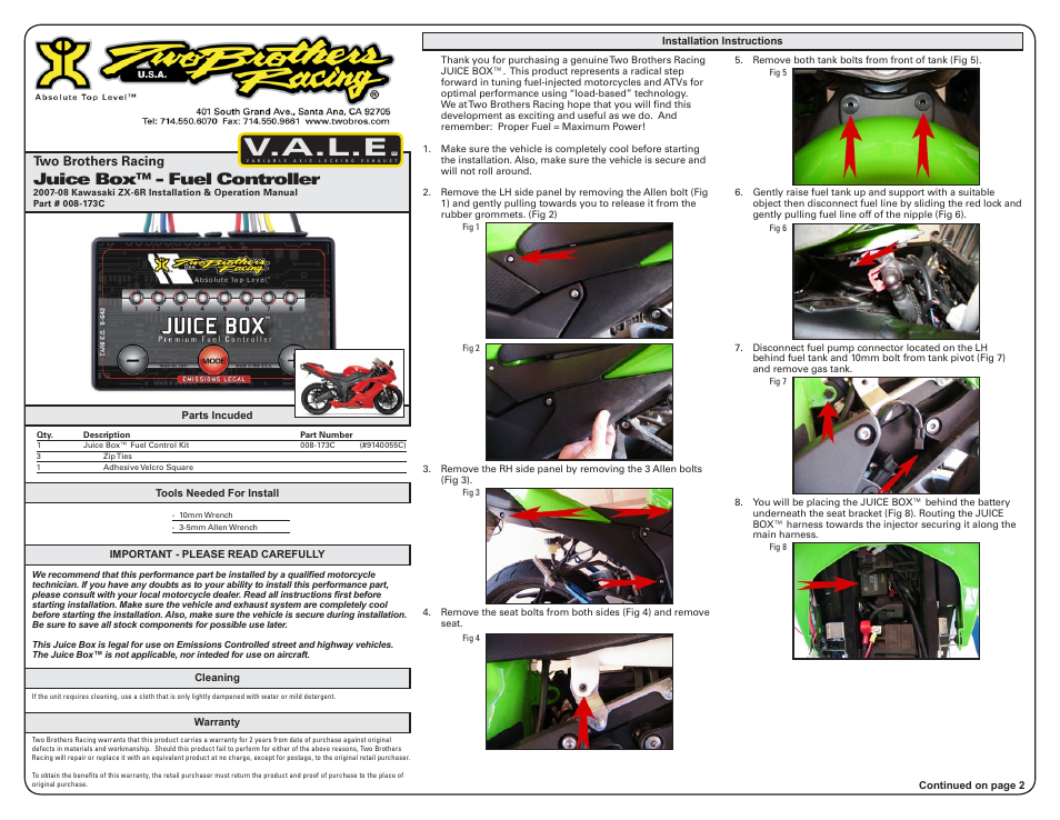 Two Brothers Racing Kawasaki ZX-6R - CA Emissions Legal User Manual | 3 pages