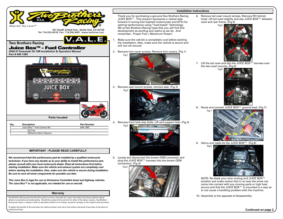 Two Brothers Racing Kawasaki ZX-10R - CA Emissions Legal User Manual | 3 pages