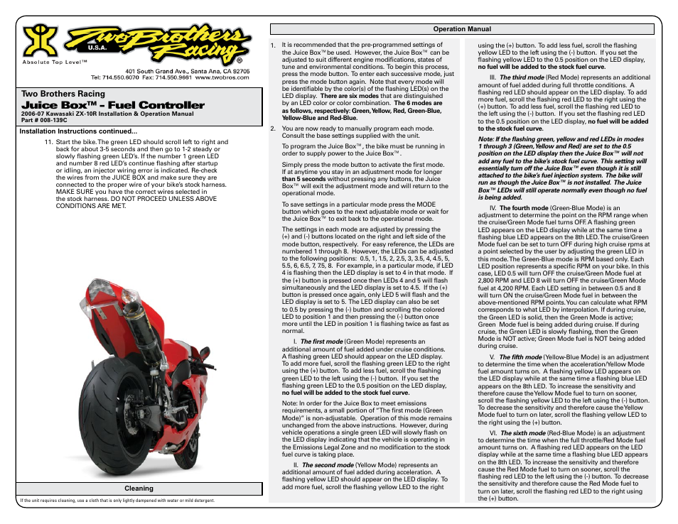 Juice box™ - fuel controller | Two Brothers Racing Kawasaki ZX-10R - CA Emissions Legal User Manual | Page 2 / 3