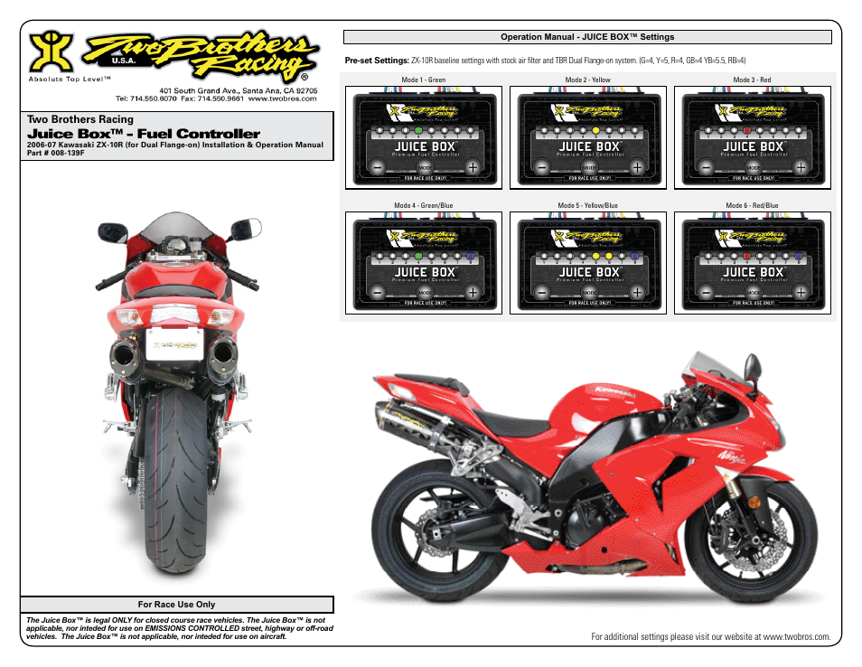 Juice box™ - fuel controller, Two brothers racing | Two Brothers Racing Kawasaki ZX-10R - Dual Flange-On User Manual | Page 3 / 3