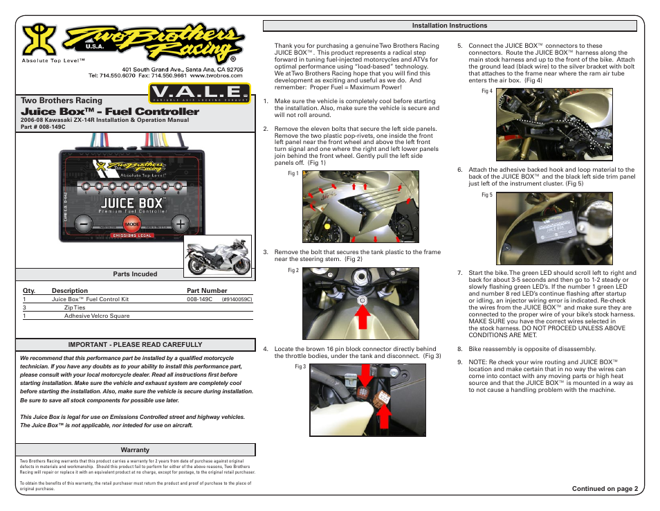 Two Brothers Racing Kawasaki ZX-14R - CA Emissions Legal User Manual | 3 pages