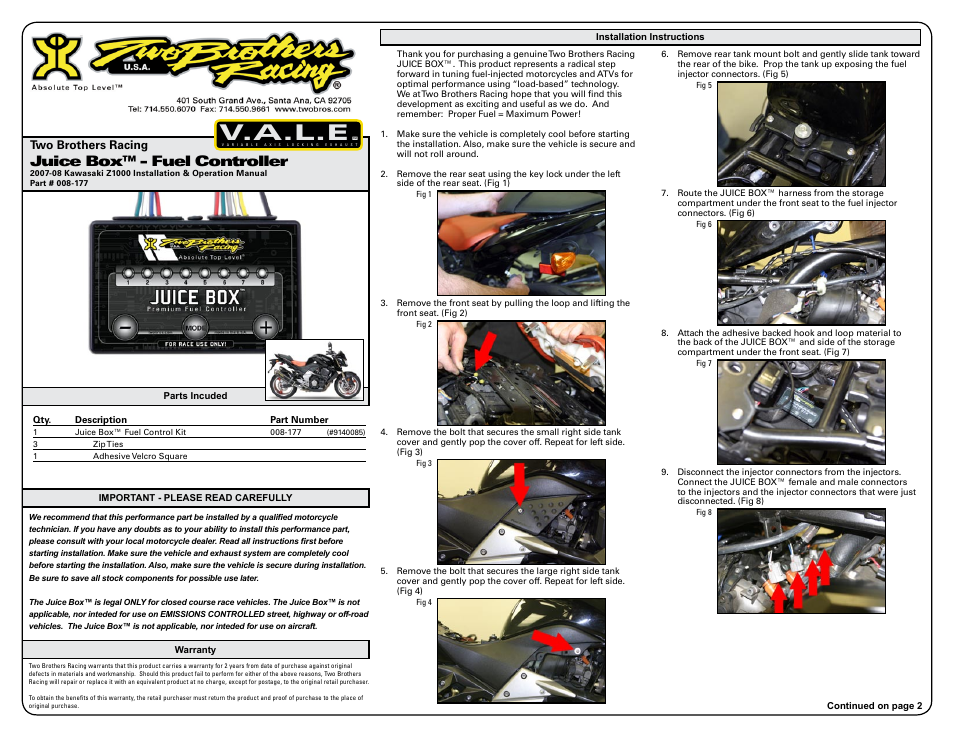 Two Brothers Racing Kawasaki Z1000 User Manual | 3 pages