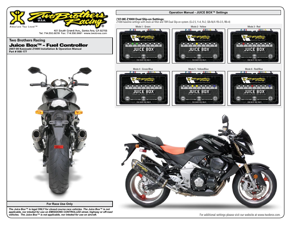 Juice box™ - fuel controller | Two Brothers Racing Kawasaki Z1000 User Manual | Page 3 / 3