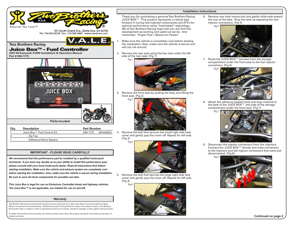 Two Brothers Racing Kawasaki Z1000 - CA Emissions Legal User Manual | 3 pages