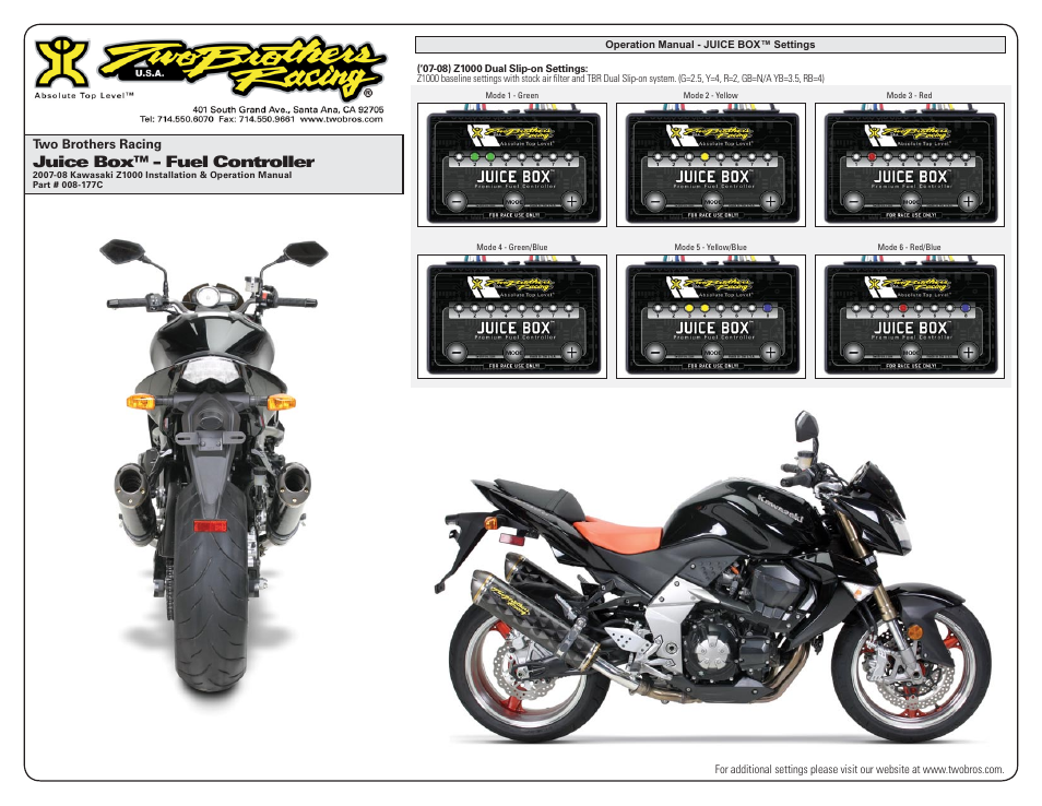 Juice box™ - fuel controller | Two Brothers Racing Kawasaki Z1000 - CA Emissions Legal User Manual | Page 3 / 3