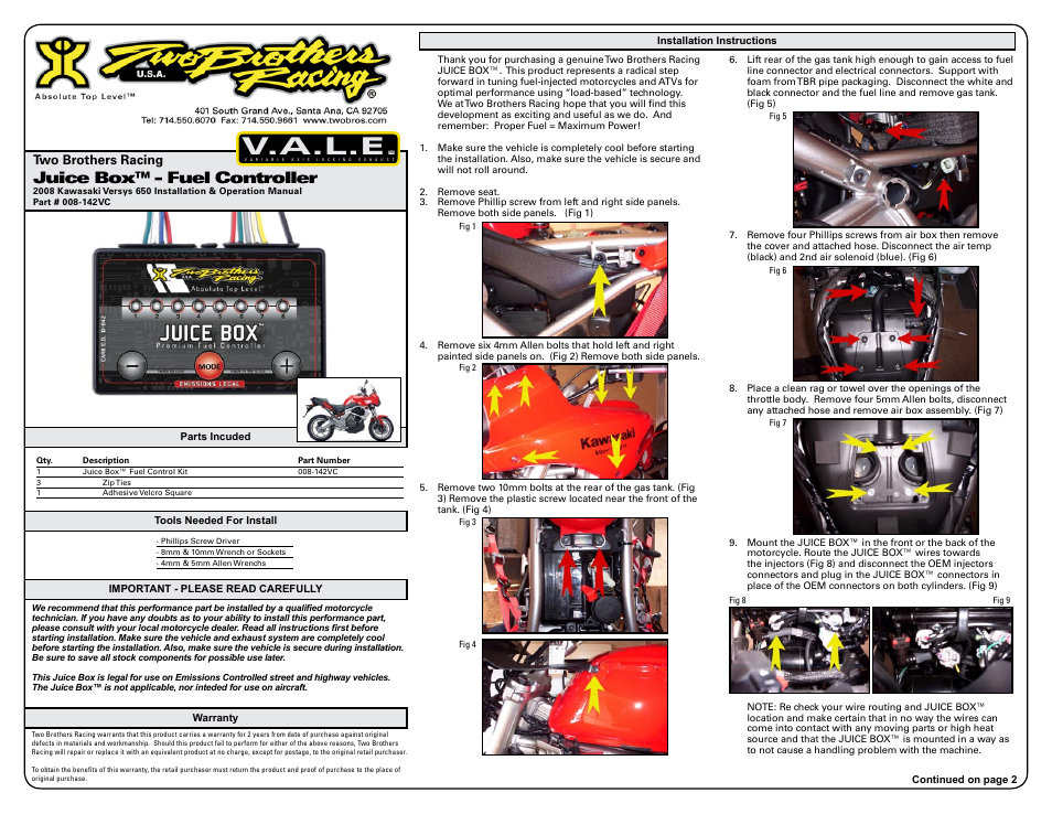 Two Brothers Racing Kawasaki Versys 650 - CA Emissions Legal User Manual | 3 pages