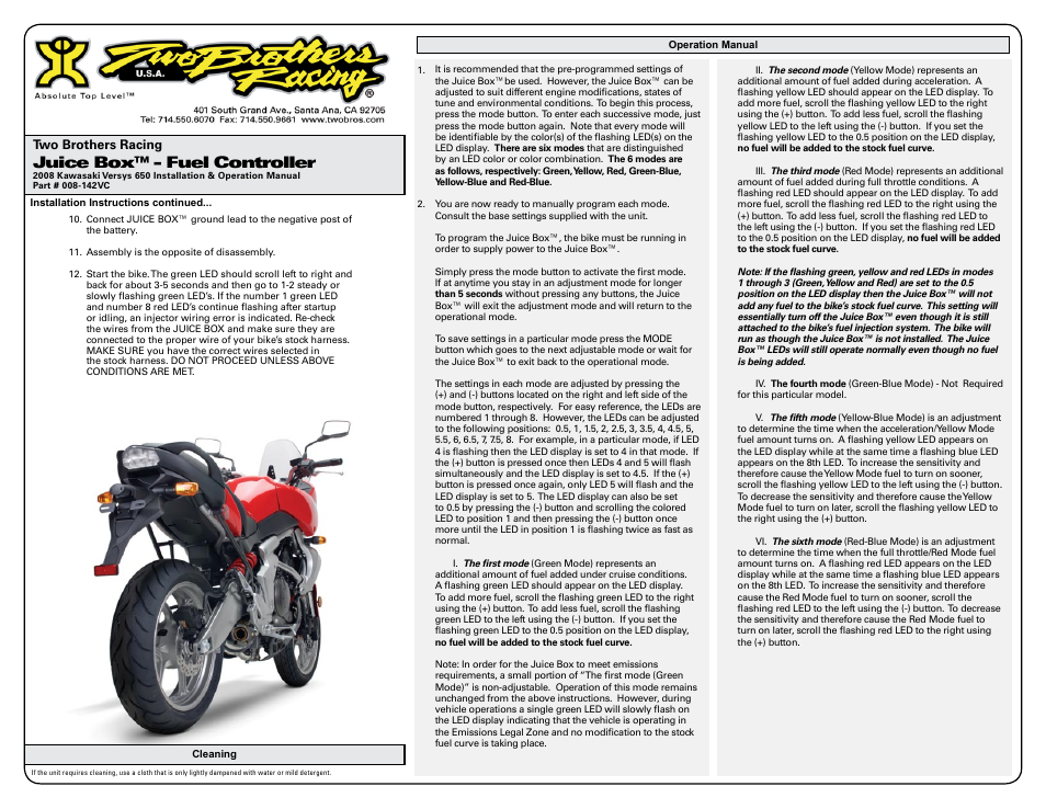 Juice box™ - fuel controller | Two Brothers Racing Kawasaki Versys 650 - CA Emissions Legal User Manual | Page 2 / 3