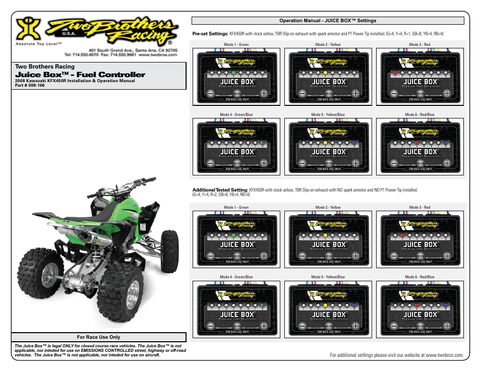 Juice box™ - fuel controller, Two brothers racing | Two Brothers Racing Kawasaki KFX450R User Manual | Page 3 / 3