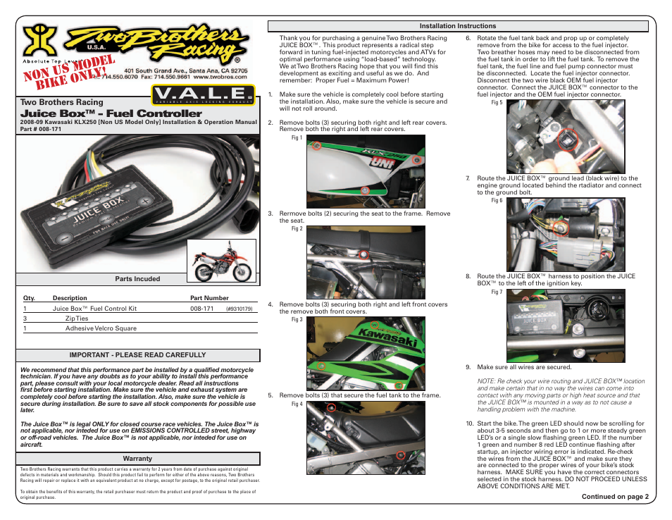 Two Brothers Racing Kawasaki KLX250 - Non US Model Only User Manual | 3 pages