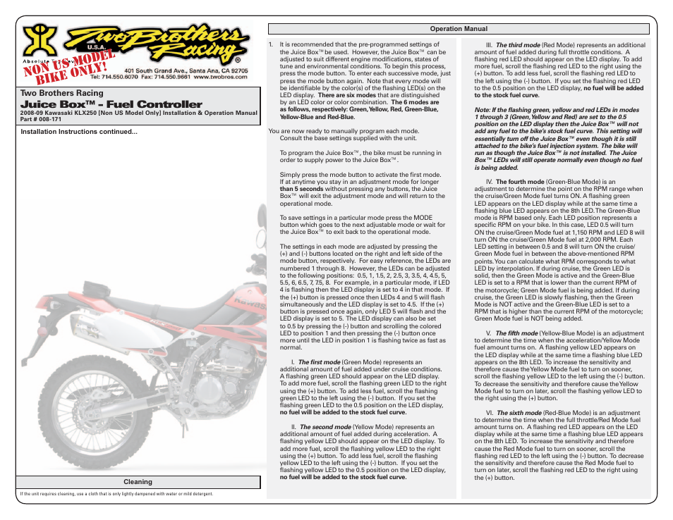 Non u s mod el bike o nly, Juice box™ - fuel controller | Two Brothers Racing Kawasaki KLX250 - Non US Model Only User Manual | Page 2 / 3