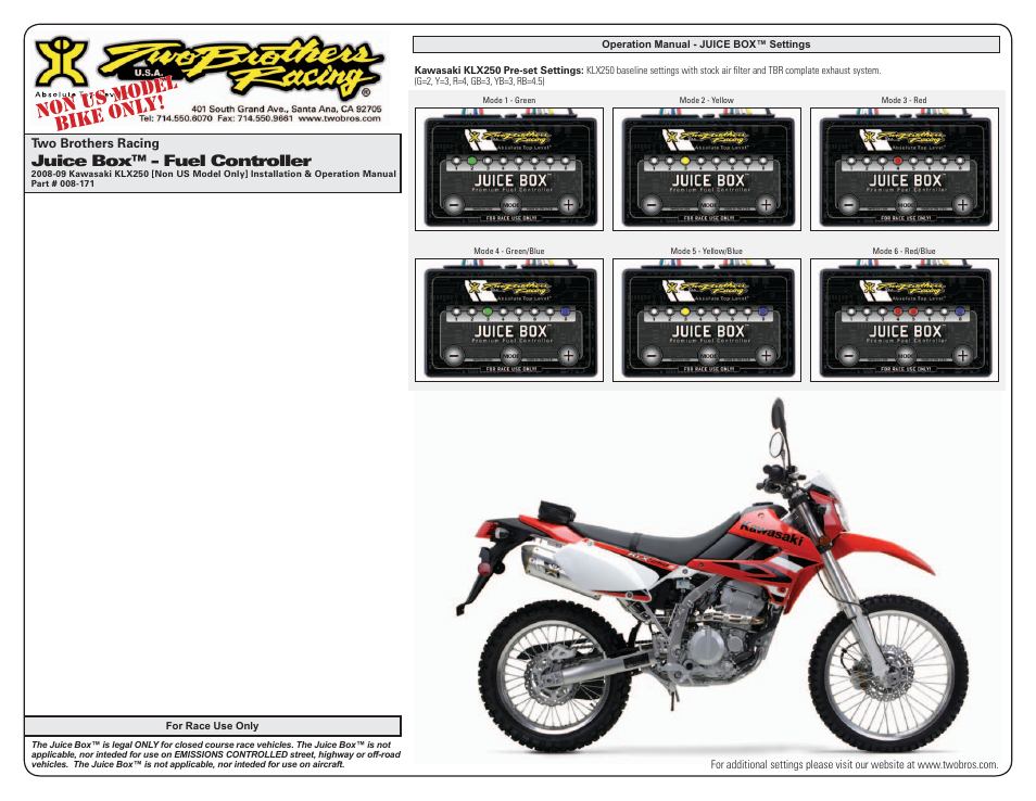 Non u s mod el bike o nly | Two Brothers Racing Kawasaki KLX250 - Non US Model Only User Manual | Page 3 / 3
