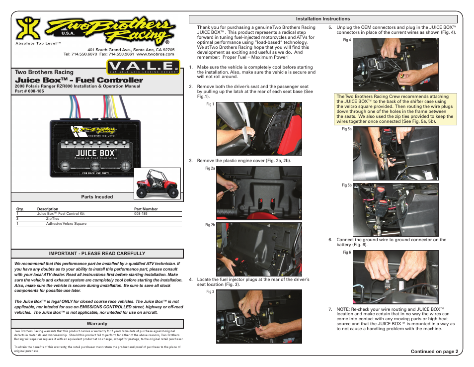 Two Brothers Racing Polaris Ranger XP/RZR800 User Manual | 3 pages