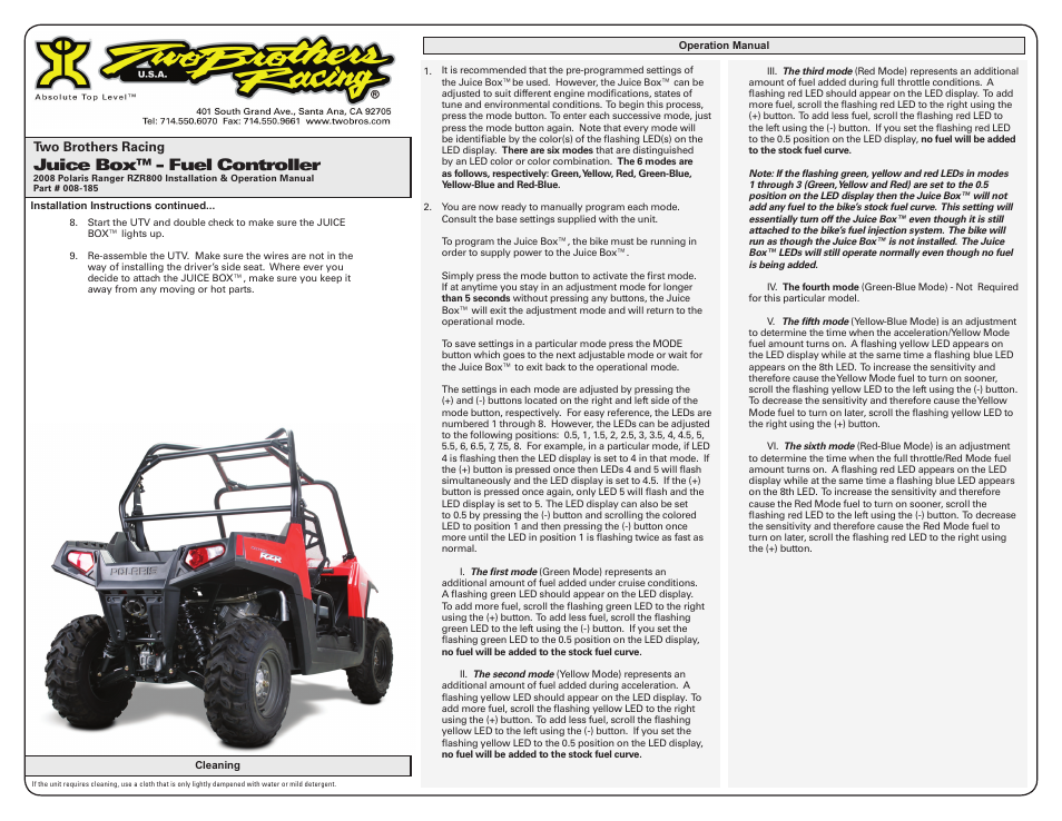 Juice box™ - fuel controller | Two Brothers Racing Polaris Ranger XP/RZR800 User Manual | Page 2 / 3