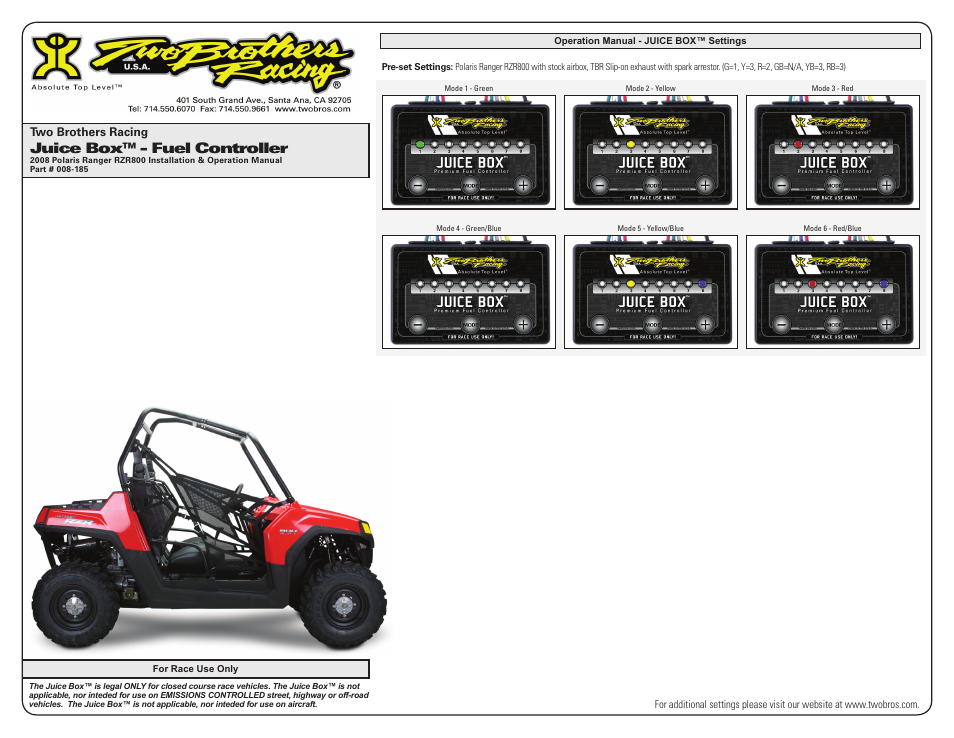 Juice box™ - fuel controller, Two brothers racing | Two Brothers Racing Polaris Ranger XP/RZR800 User Manual | Page 3 / 3