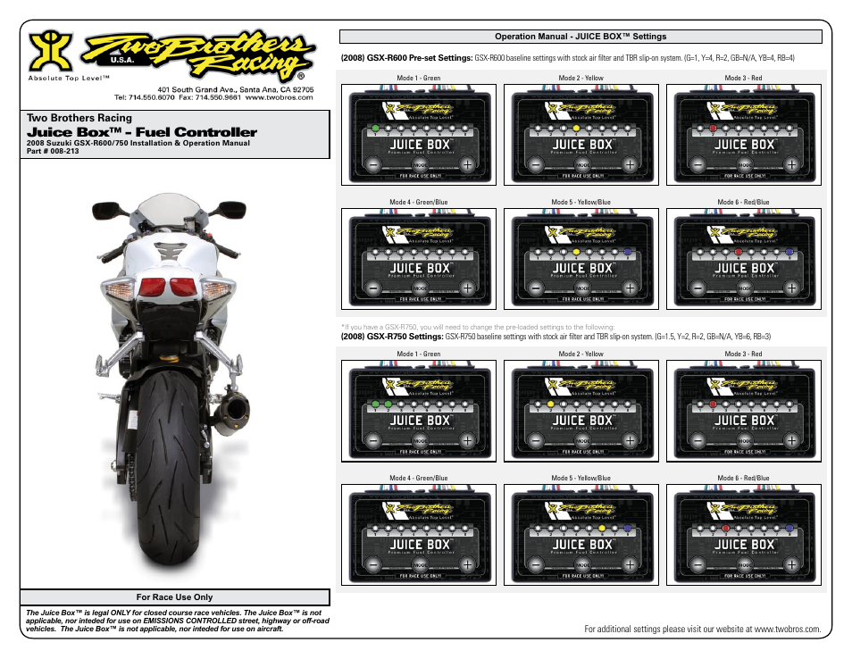 Juice box™ - fuel controller, Two brothers racing | Two Brothers Racing Suzuki GSX-R750 User Manual | Page 3 / 3