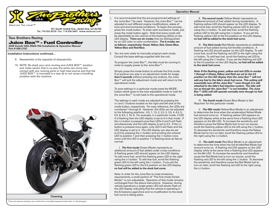 Juice box™ - fuel controller | Two Brothers Racing 2008 Suzuki GSX-R600/750 User Manual | Page 2 / 3