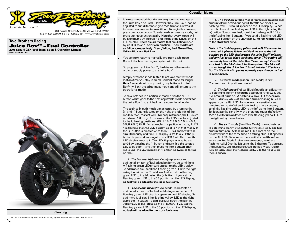 Juice box™ - fuel controller | Two Brothers Racing Suzuki GSX-650F User Manual | Page 2 / 3