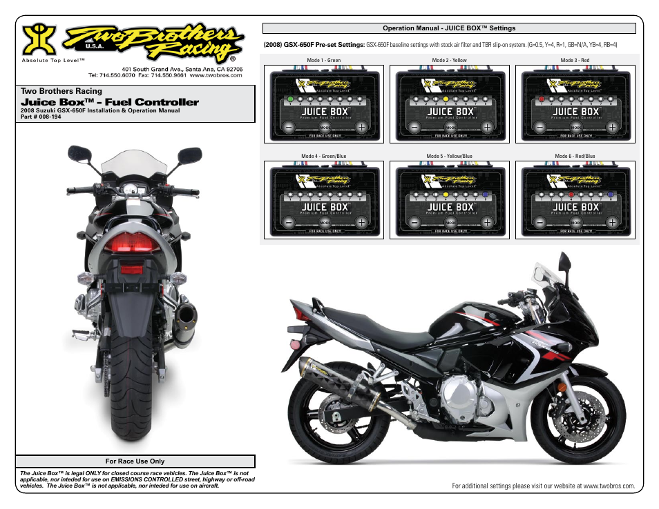 Juice box™ - fuel controller, Two brothers racing | Two Brothers Racing Suzuki GSX-650F User Manual | Page 3 / 3