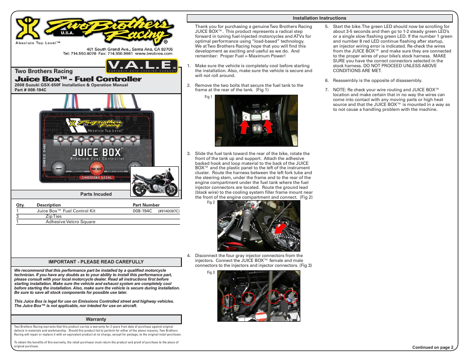 Two Brothers Racing Suzuki GSX-650F - CA Emissions Legal User Manual | 3 pages