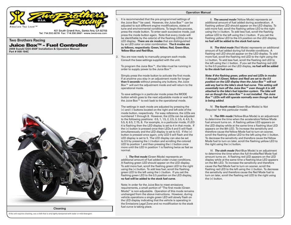 Juice box™ - fuel controller | Two Brothers Racing Suzuki GSX-650F - CA Emissions Legal User Manual | Page 2 / 3