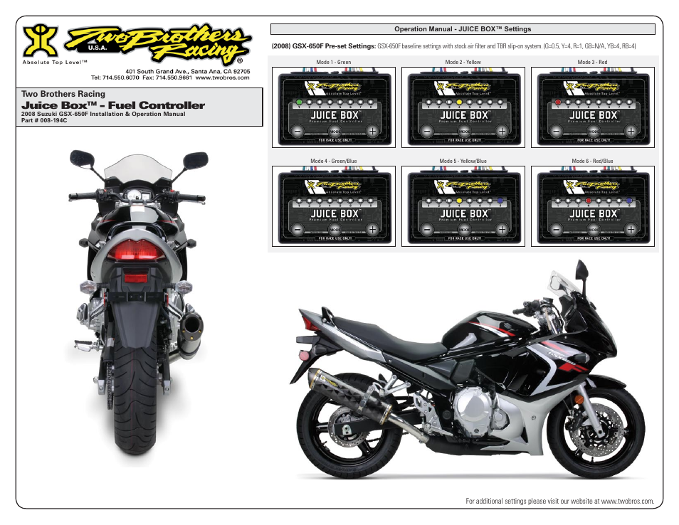 Juice box™ - fuel controller | Two Brothers Racing Suzuki GSX-650F - CA Emissions Legal User Manual | Page 3 / 3