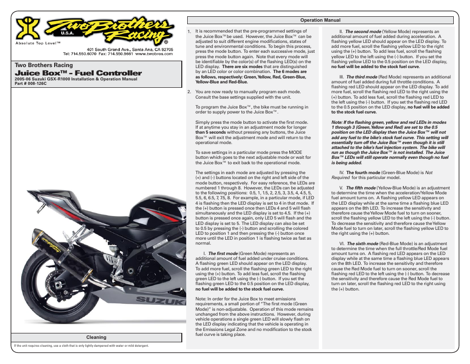 Juice box™ - fuel controller | Two Brothers Racing 2005-06 Suzuki GSX-R1000 User Manual | Page 2 / 3