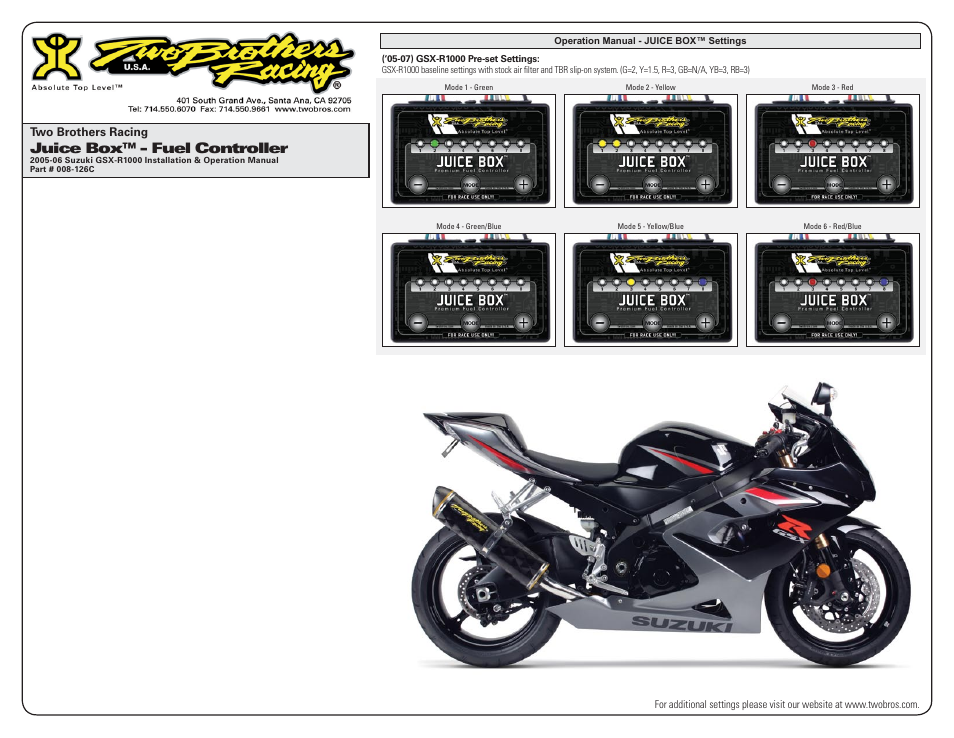 Juice box™ - fuel controller | Two Brothers Racing 2005-06 Suzuki GSX-R1000 User Manual | Page 3 / 3