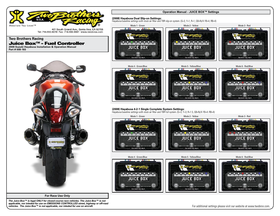 Juice box™ - fuel controller, Two brothers racing | Two Brothers Racing Suzuki Hayabusa User Manual | Page 3 / 3