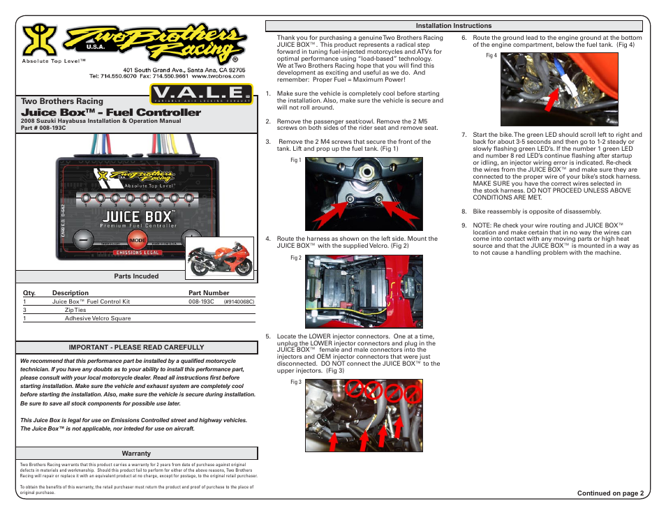 Two Brothers Racing Suzuki Hayabusa - CA Emissions Legal User Manual | 3 pages