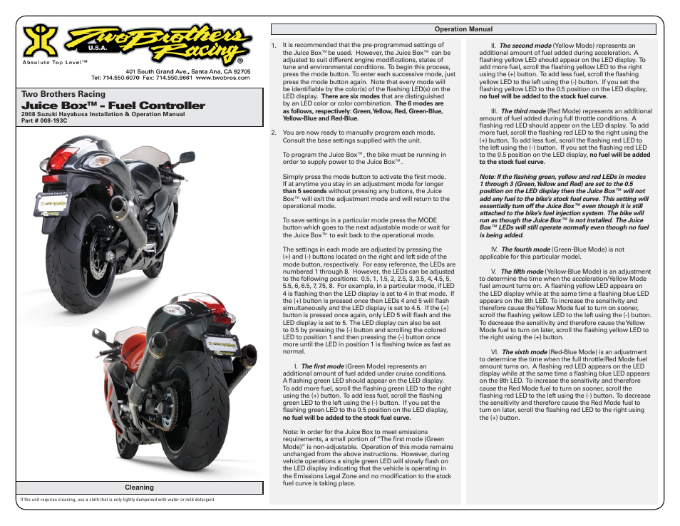 Juice box™ - fuel controller | Two Brothers Racing Suzuki Hayabusa - CA Emissions Legal User Manual | Page 2 / 3