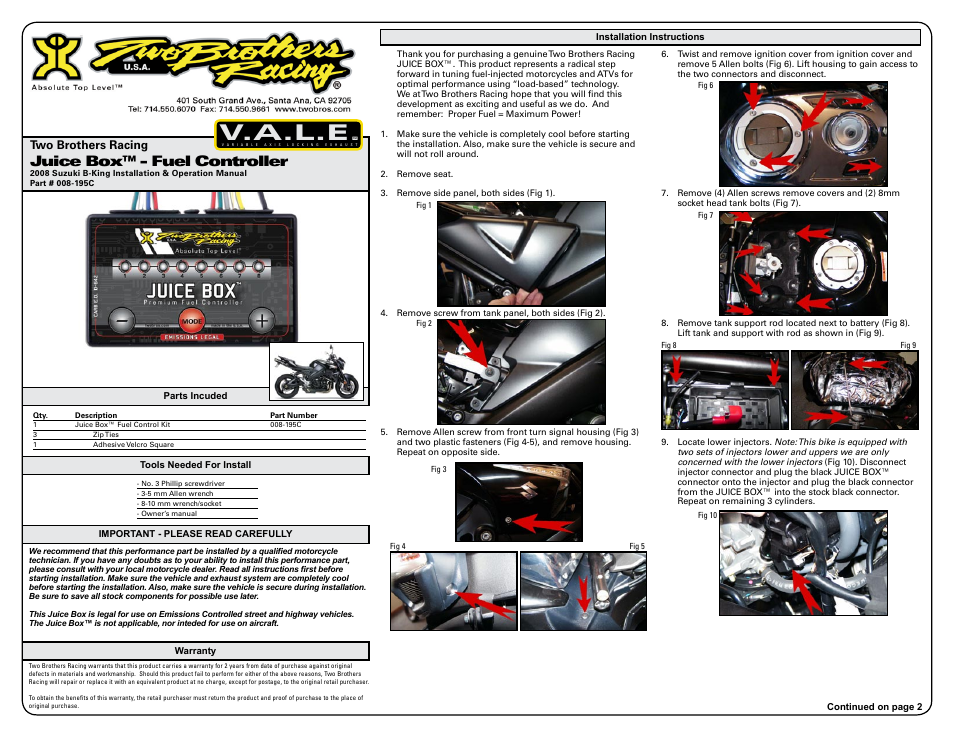 Two Brothers Racing Suzuki B-King - CA Emissions Legal User Manual | 3 pages