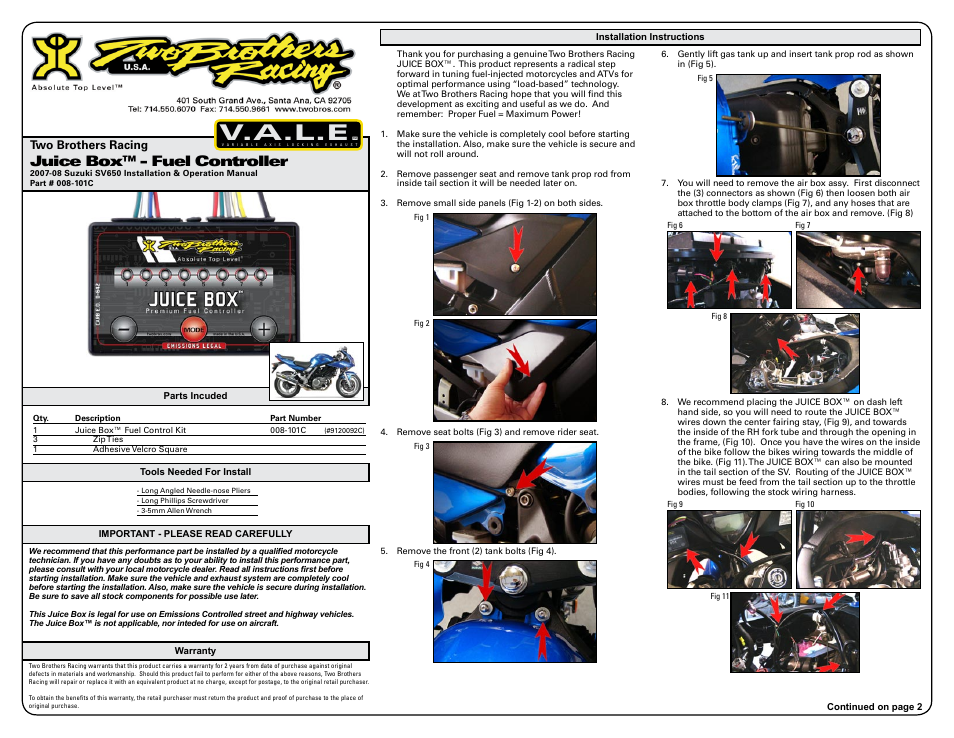 Two Brothers Racing Suzuki SV-650 - CA Emissions Legal User Manual | 3 pages