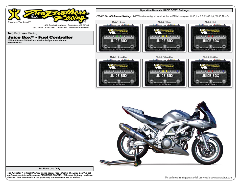 Juice box™ - fuel controller, Two brothers racing | Two Brothers Racing Suzuki SV-1000 User Manual | Page 3 / 3