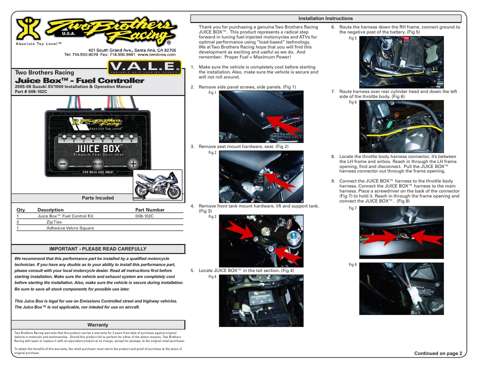 Two Brothers Racing Suzuki SV-1000 - CA Emissions Legal User Manual | 3 pages