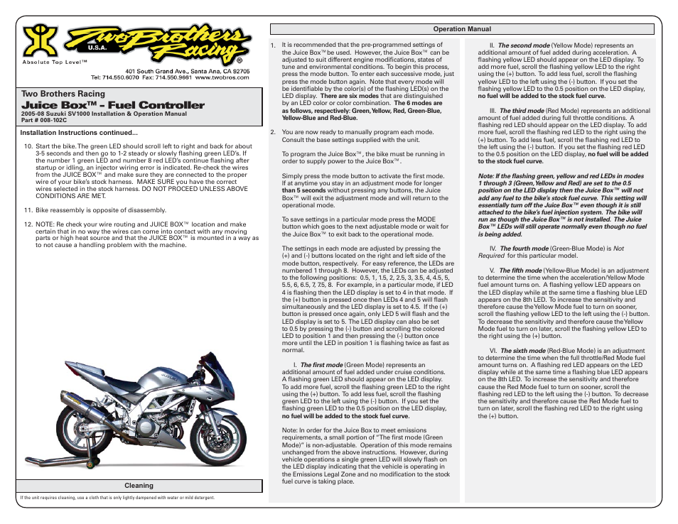 Juice box™ - fuel controller | Two Brothers Racing Suzuki SV-1000 - CA Emissions Legal User Manual | Page 2 / 3