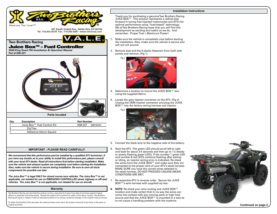 Two Brothers Racing Suzuki King Quad 750 User Manual | 3 pages