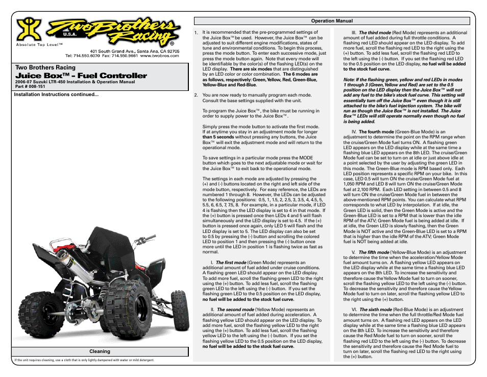 Juice box™ - fuel controller | Two Brothers Racing 2006-07 Suzuki LTR-450 User Manual | Page 2 / 3