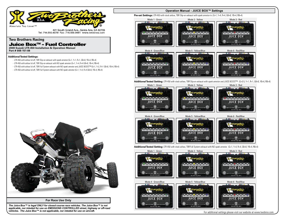 Juice box™ - fuel controller, Two brothers racing | Two Brothers Racing Suzuki LTR450 User Manual | Page 3 / 3