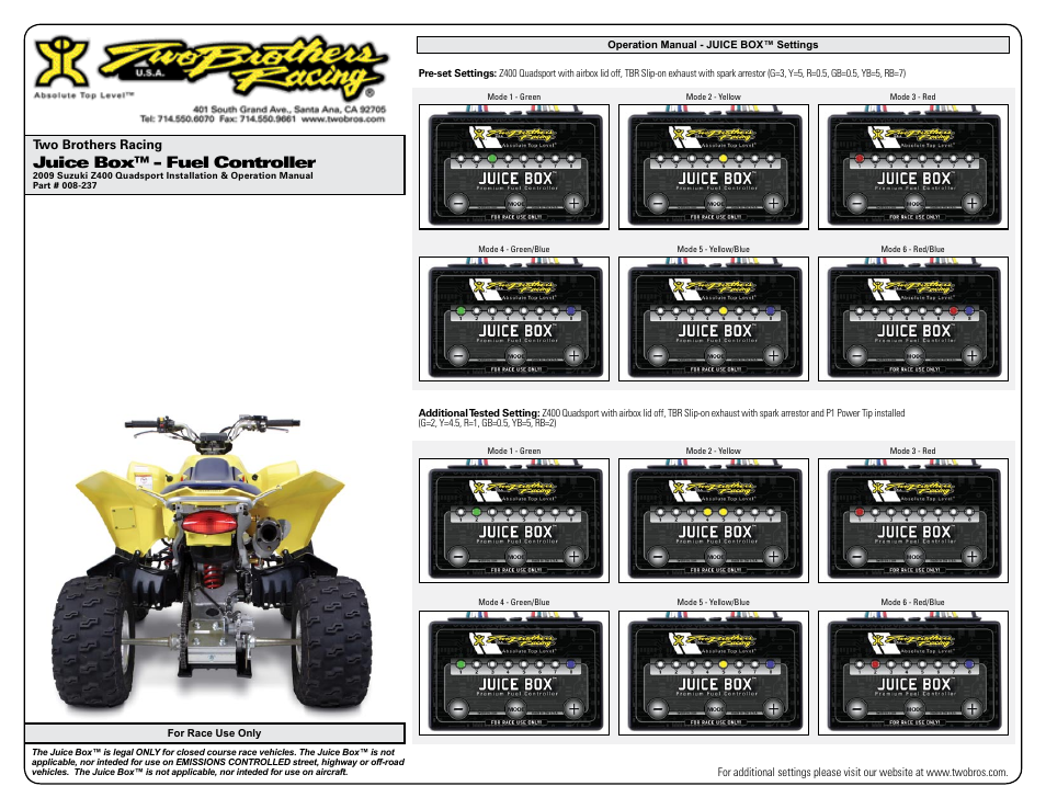 Juice box™ - fuel controller, Two brothers racing | Two Brothers Racing Suzuki Z400 Quadsport User Manual | Page 3 / 3