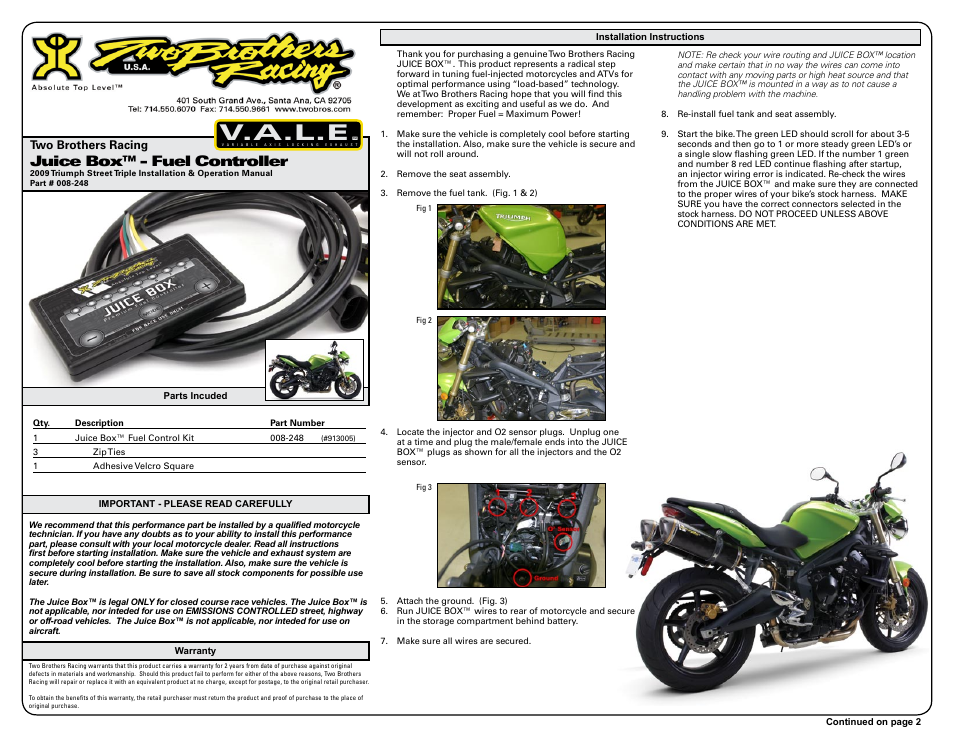 Two Brothers Racing Triumph Street Triple User Manual | 3 pages