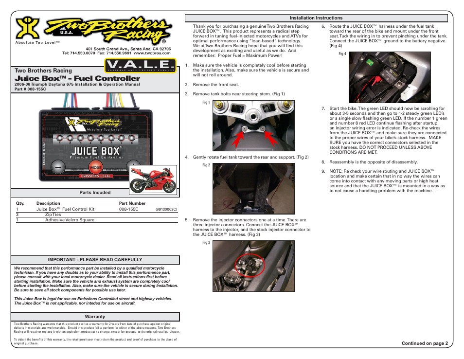 Two Brothers Racing Triumph Daytona 675 - CA Emissions Legal User Manual | 3 pages