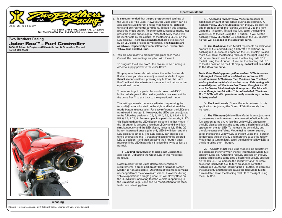 Juice box™ - fuel controller | Two Brothers Racing Triumph Daytona 675 - CA Emissions Legal User Manual | Page 2 / 3