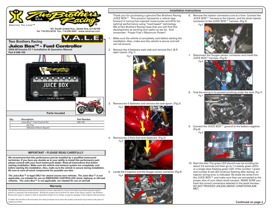 Two Brothers Racing Yamaha FZ-1 User Manual | 3 pages