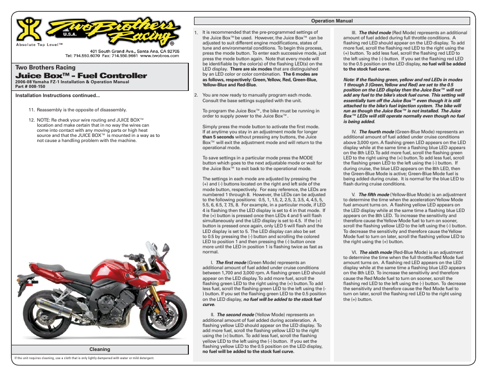 Juice box™ - fuel controller | Two Brothers Racing Yamaha FZ-1 User Manual | Page 2 / 3